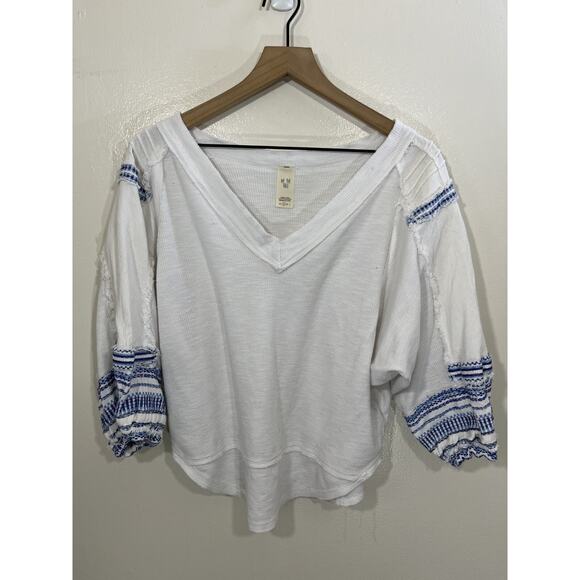 Waffle Knit Puff Sleeve Embroidery Boho Coastal Peasant Top S Indie Rustic Cabin - Picture 1 of 16